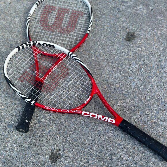 Wilson Six One Comp Red Tennis Racket L3 4 3/8 Tight Strings EUC
